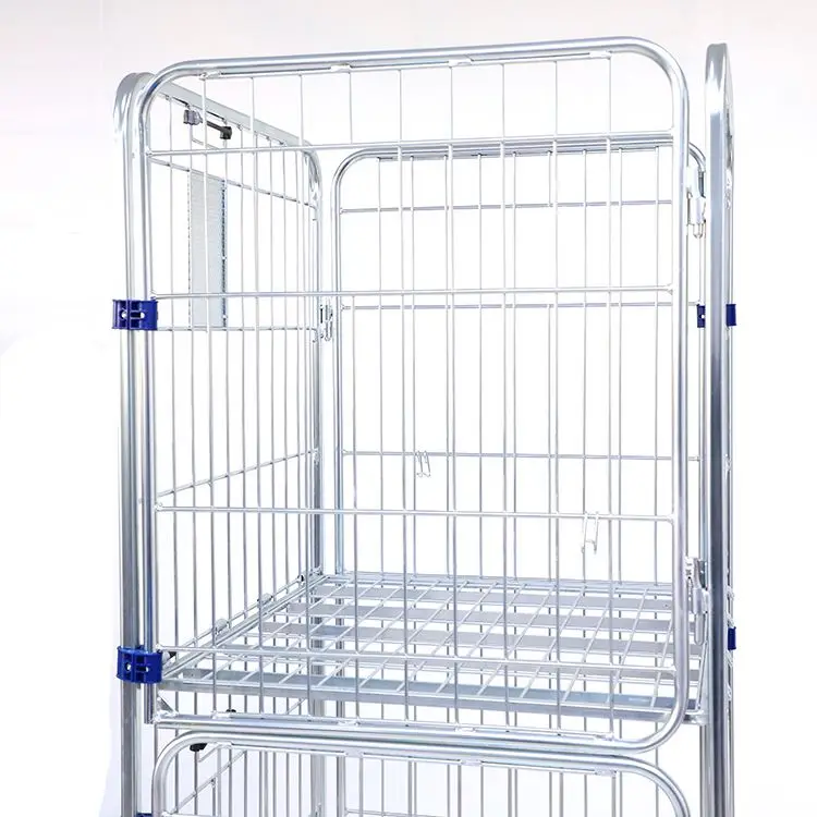 Metal High Capacity Galvanized Stackable Foldable Warehouse Collapsible 4 Sides Roll Cage Trolley