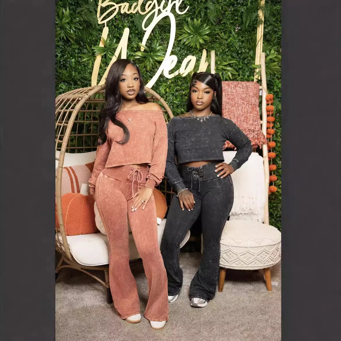 OJW6285C 2024 autumn women vintage Loose casual short-sleeved sweatshirt + drawstring wide-leg pants two-piece set