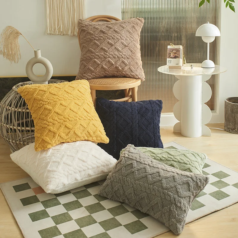 Wholesale Plush Pillow Cover Solid Color Geometric Stereoscopic plush Cushion Cover Throw Pillow case For Sofa Living Room