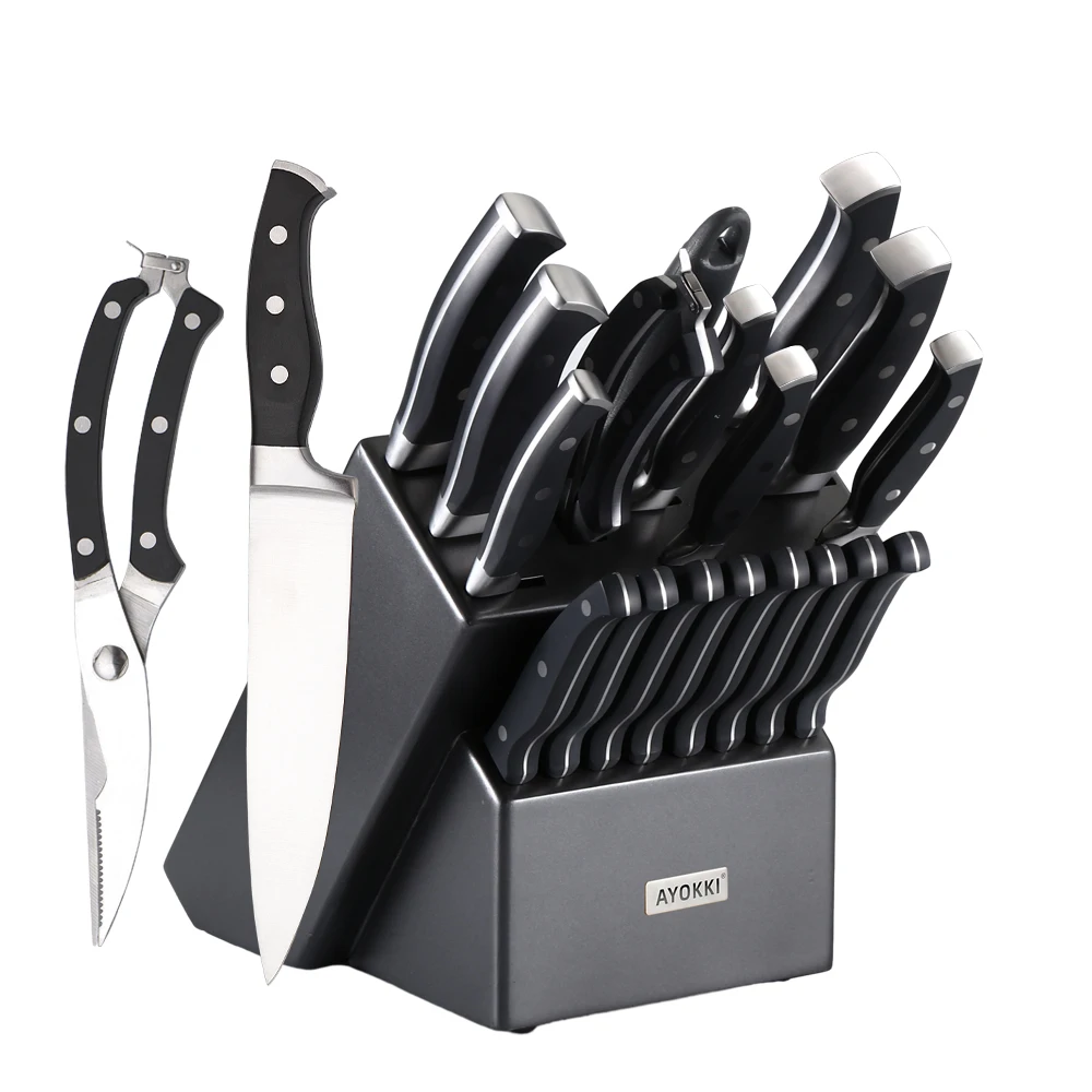 19 pcs High-Carbon Stainless Steel black abs handle kitchen knives Japanese chef knife set with gray color rubber wood block