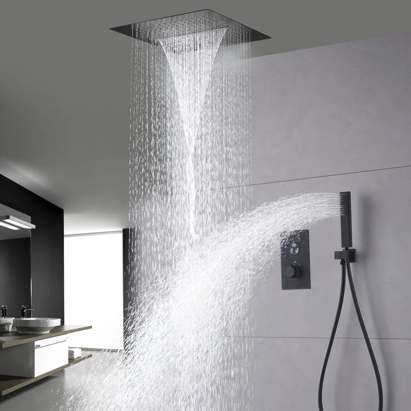 Modern 12 Inch Ceiling Rain Shower System Flush-Mounted Shower Set Black with Rain Shower Head Stainless Steel