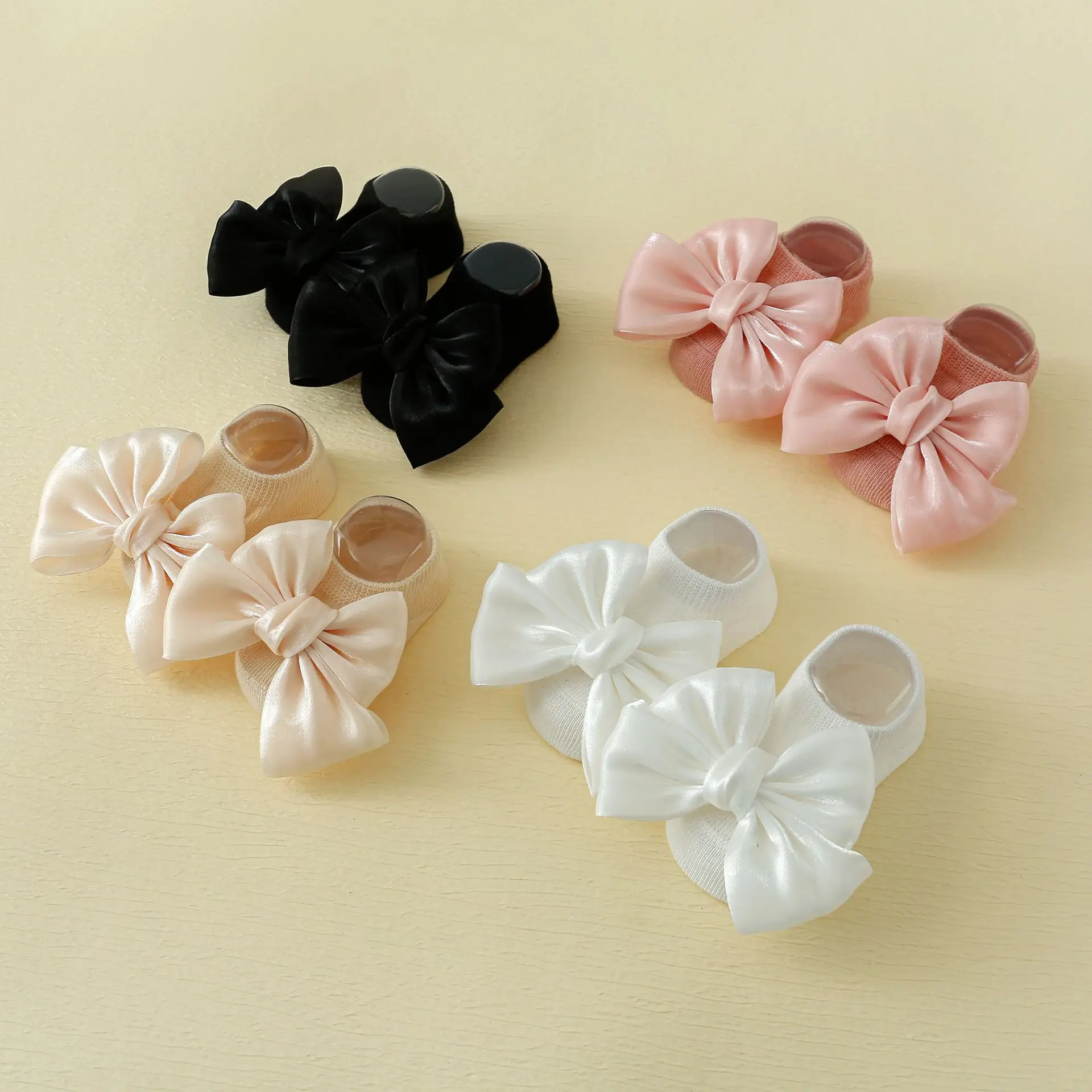 first steps 0-3y baby infant socks solid color satin big bow nonslip baby walking socks with anti slip gripper