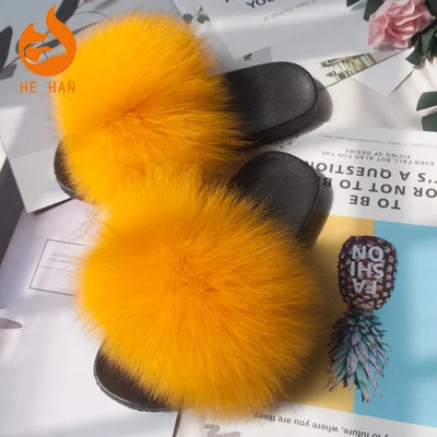 
sewing real fox big fur slides girls lady women fox fur slippers with custom logo 