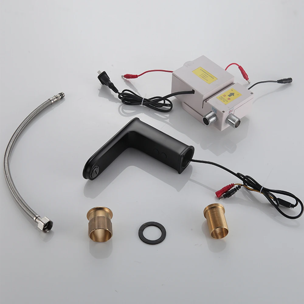 Black negro automatic smart basin faucet taps body full brass copper mixer water cold & hot ac 220 v dc battery saving power