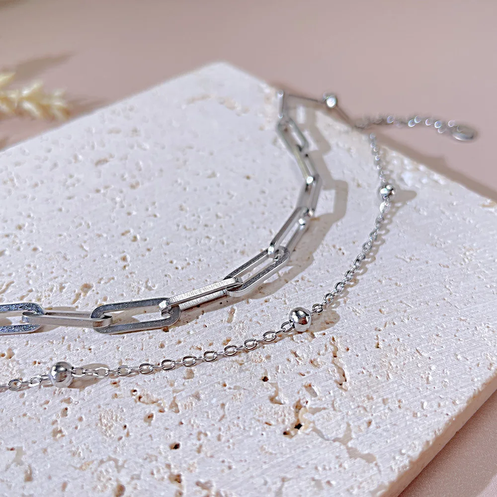 Paper Clip Chain Bracelet For Women Fashion Round Beads Double Layered Fine Jewelry Stainless Steel Women Adjustable Bracelet