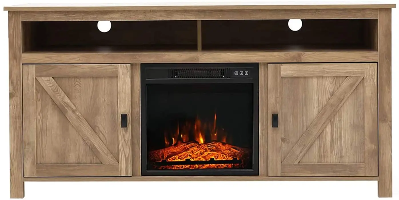 Wood Entertainment Center Media Console Fireplace Farmhouse TV Stand for 65 Inch