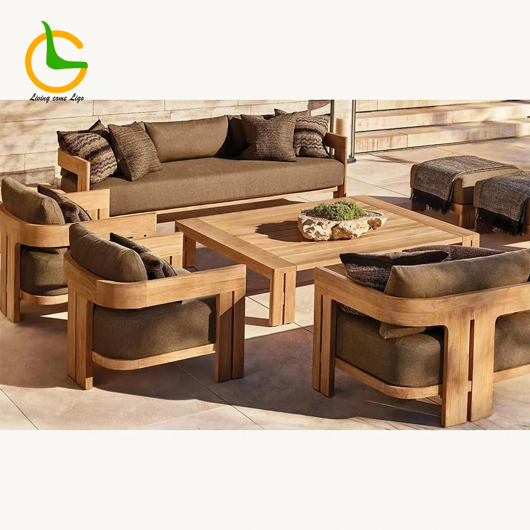 High End Teak Wood Patio Hotel Furniture Backyard Outdoor Teak Garden Sofa Set With Cushions Modern Teak Wood Furniture