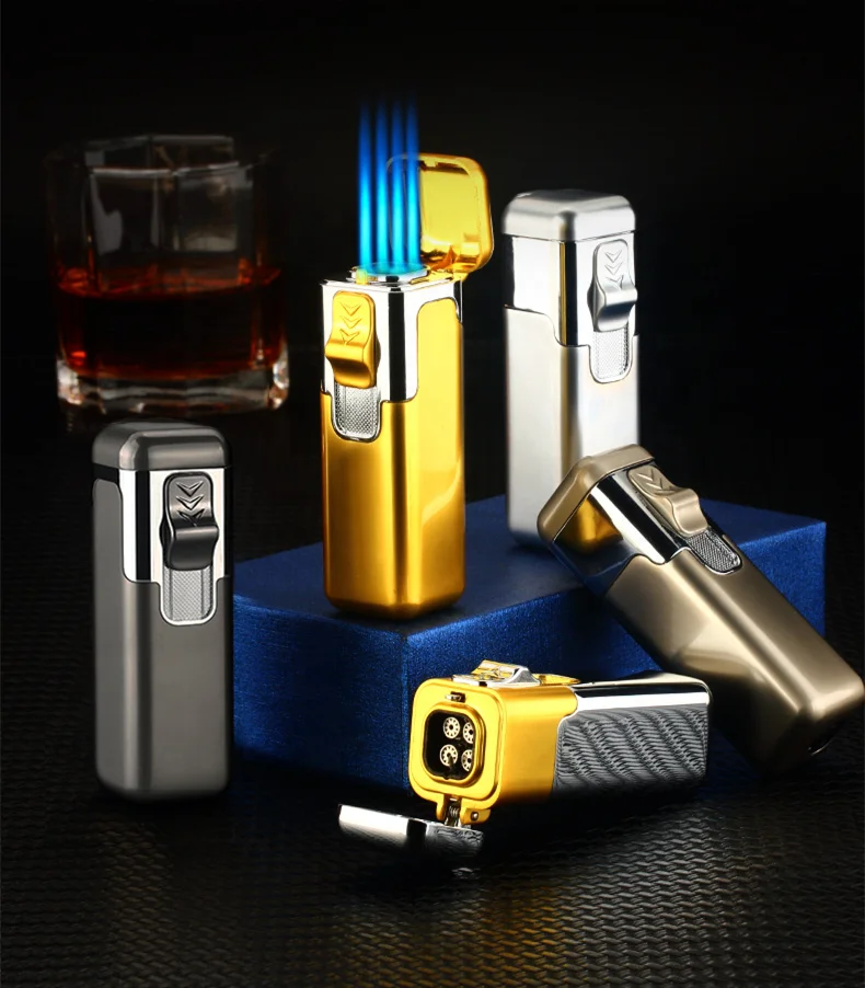 Strong firepower jet 4 flame windproof torch cigar cigarette lighter refillable butane gas lighter custom logo