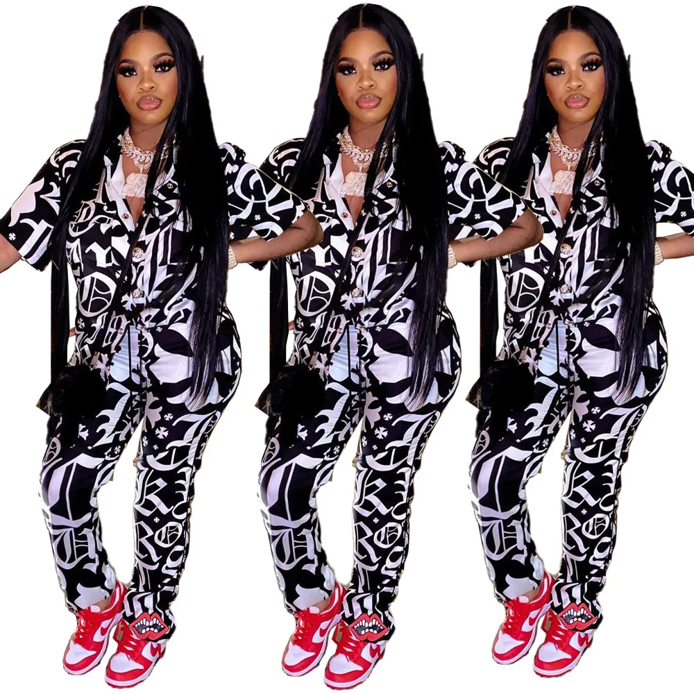 JC7041 Summer Fashion Casual Personality Printed Shirt Button Short-sleeved Trousers Women Two Piece Suit