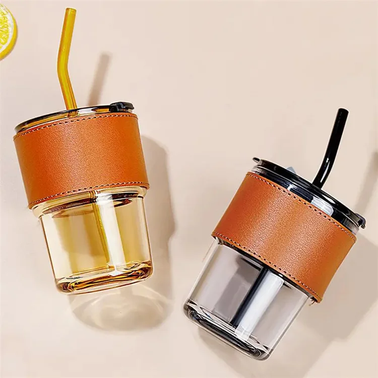 Manufacturer sales High borosilicate glass Leather sheath Tea Coffee Cup With Straw And Lid