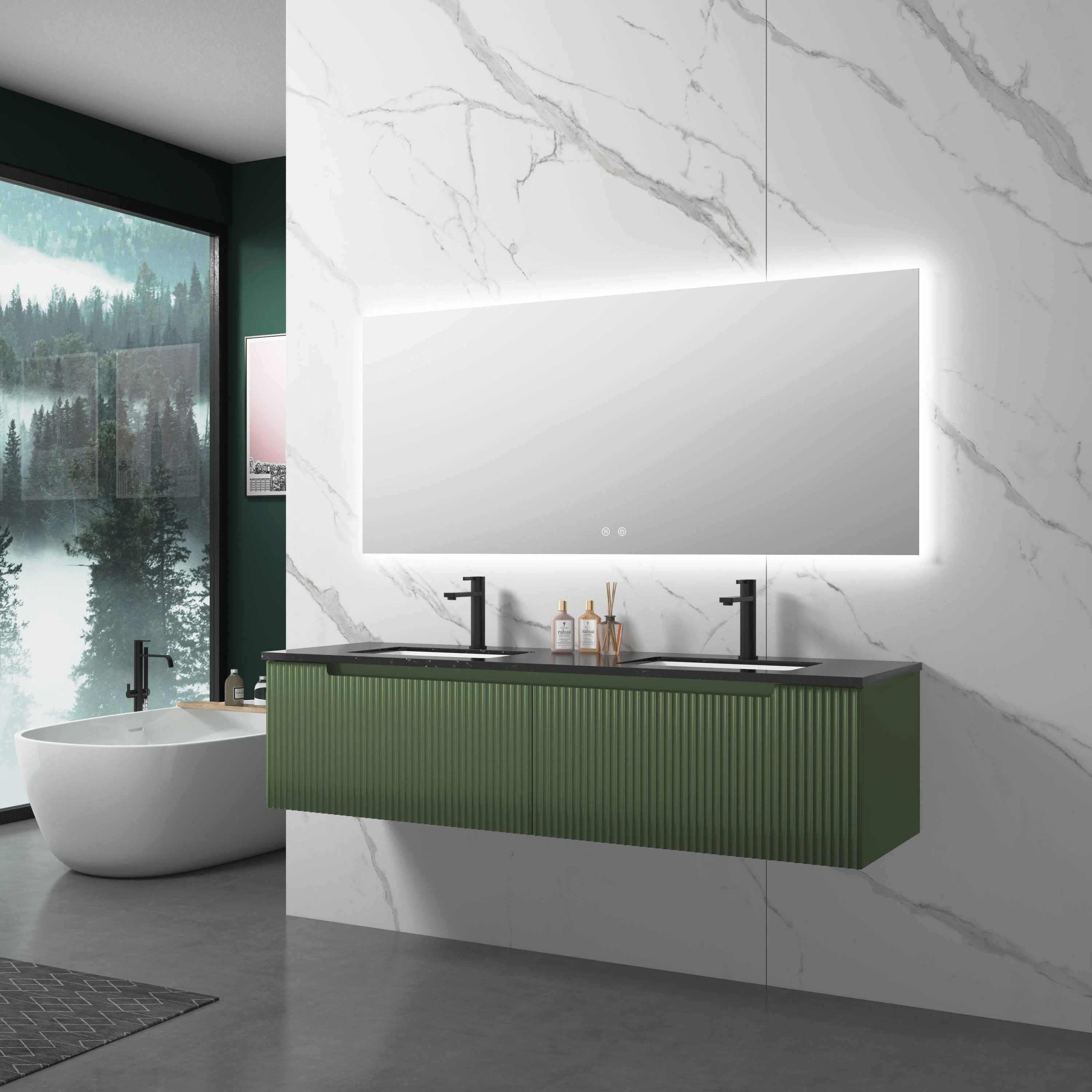 1600mm green ripple effect double sinks bathroom cabinet  AJ3062