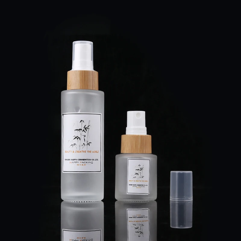 Cosmetic Bamboo Bottles 30ml 50ml 100ml 120ml Frosted Clear Glass Spray Bottle With Bamboo Wood Lid Lotion Pump