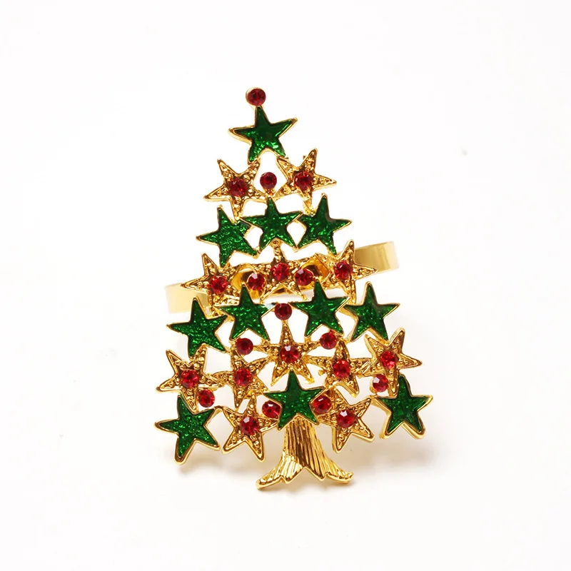 Hollowed-out Christmas Tree Napkin Rings with Rhinestones - Festive Table Decor for Hotels and Parties