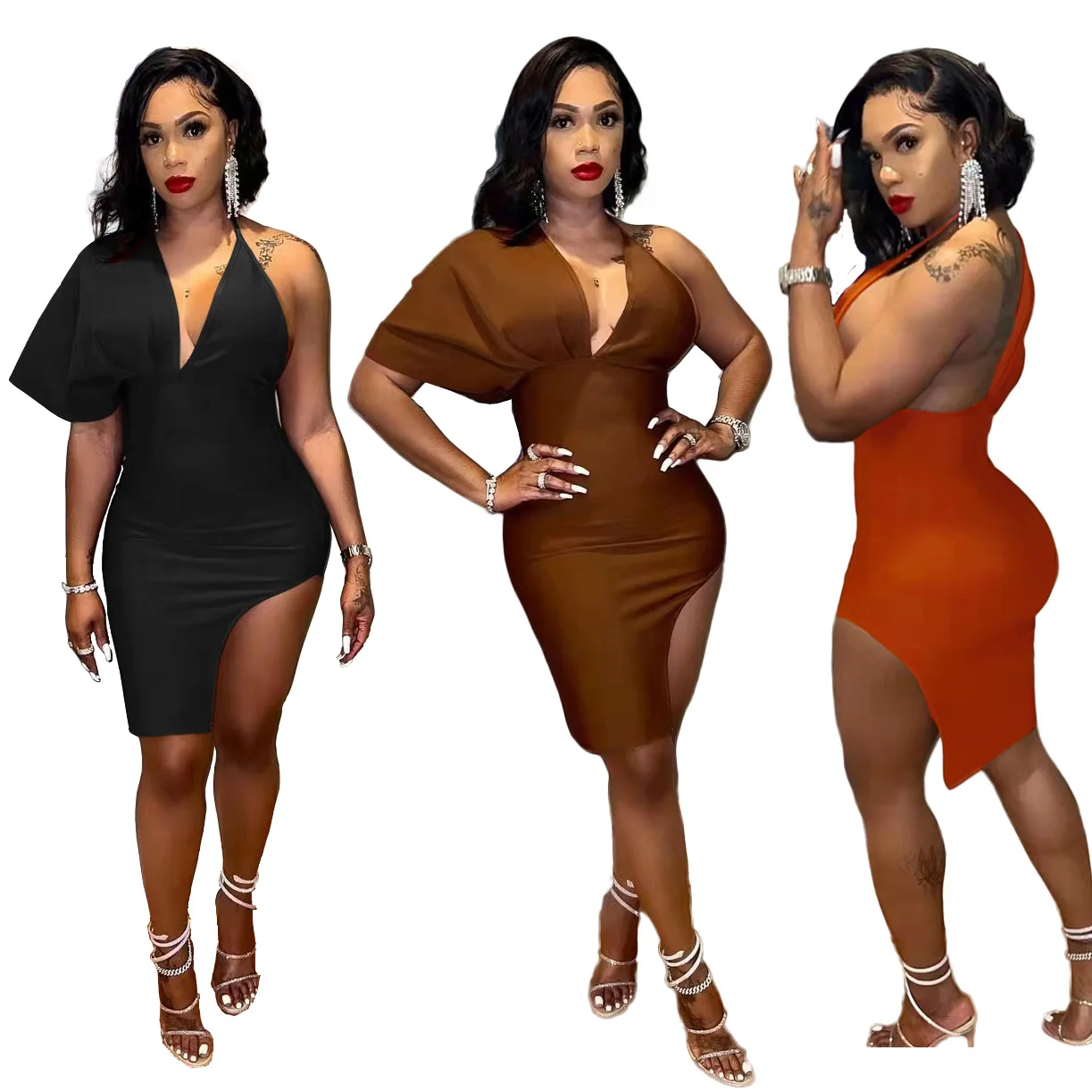 2022 Summer Sexy Party Dress Women Elegant Short Sleeve High Side Split Irregular Bodycon Midi Club Dresses