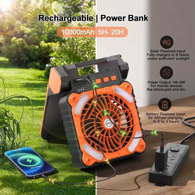 Outdoor Floor type-c camping light with fan plastic 7800mAh solar camping fan with led lantern