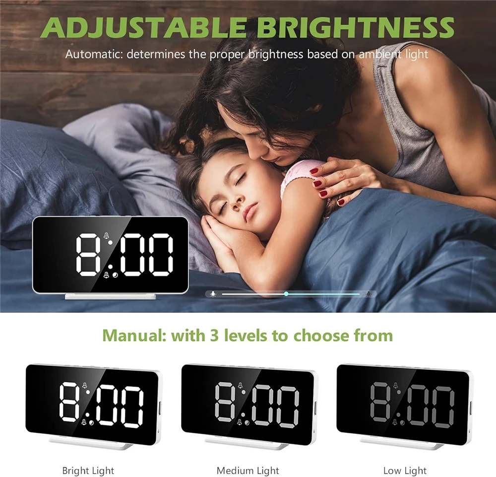 LED Snooze Clock 2 Alarms Digital Mirror Screen Time Date Display Electronic Clock USB Charging Photosensitive Digital Clock