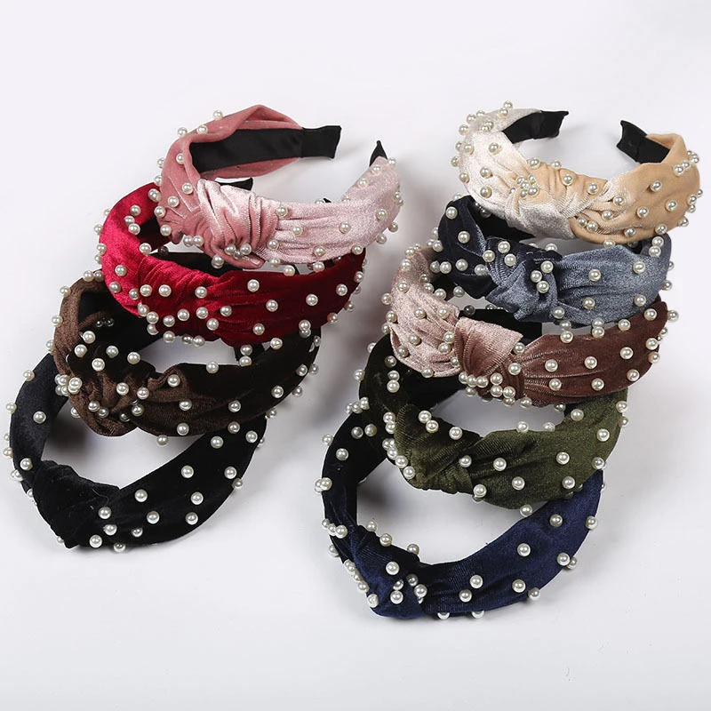 Western Style Velvet Pearl Knotted Hair Hoop Solid Color Luxury Hair Band Accessories Womens Fashion Beaded Furry Headbands