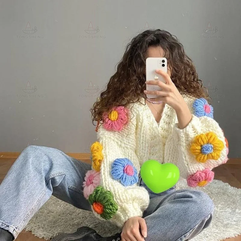 Spring And Autumn Hand Made Oversize Cropped Cardigan Crochet Chunky Knit Colorful Flower Cardigan Sweater For Women