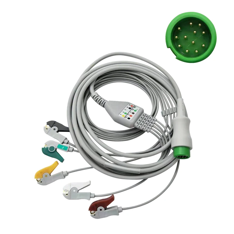 ECG Cable One Piece 5 Lead Wires 12 Pin Clip 4.0 Grabber Aha Standard for Mindray