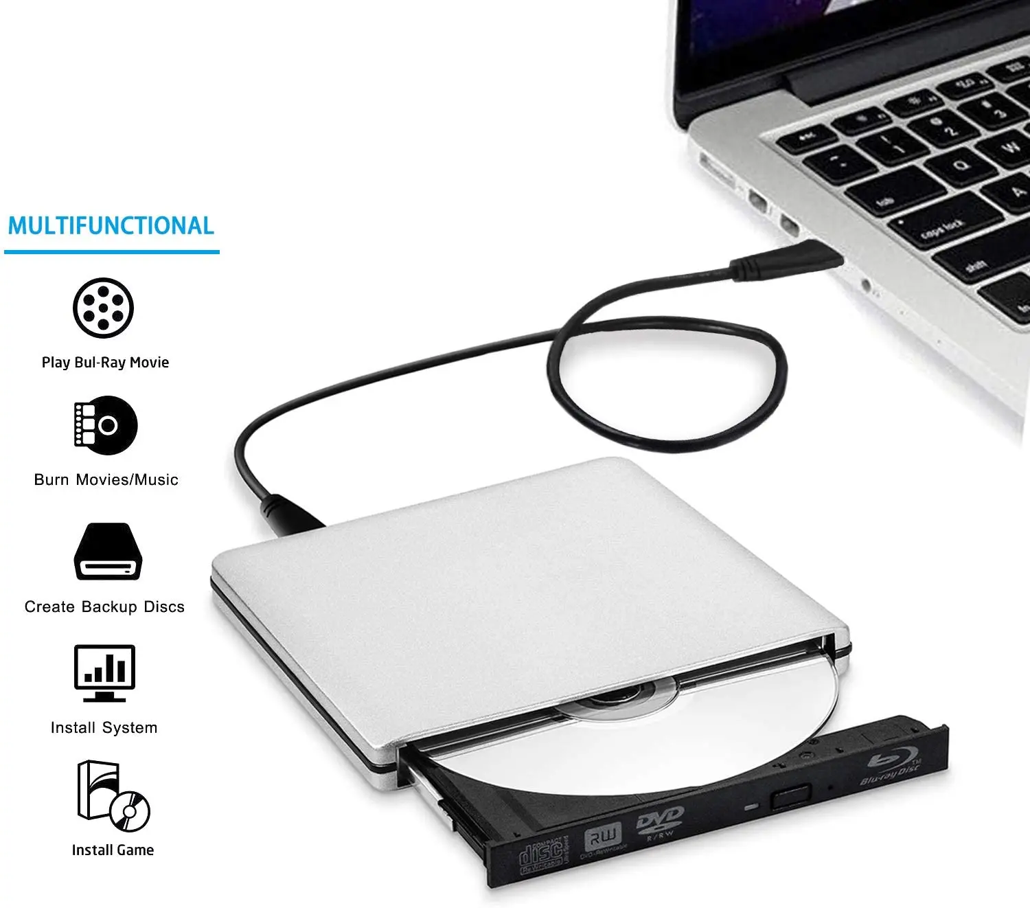 
3.0 Blue-ray DVD Burner Disk Reading Burn Driver-free Installation with Cable Compatible with Desktop Computers 