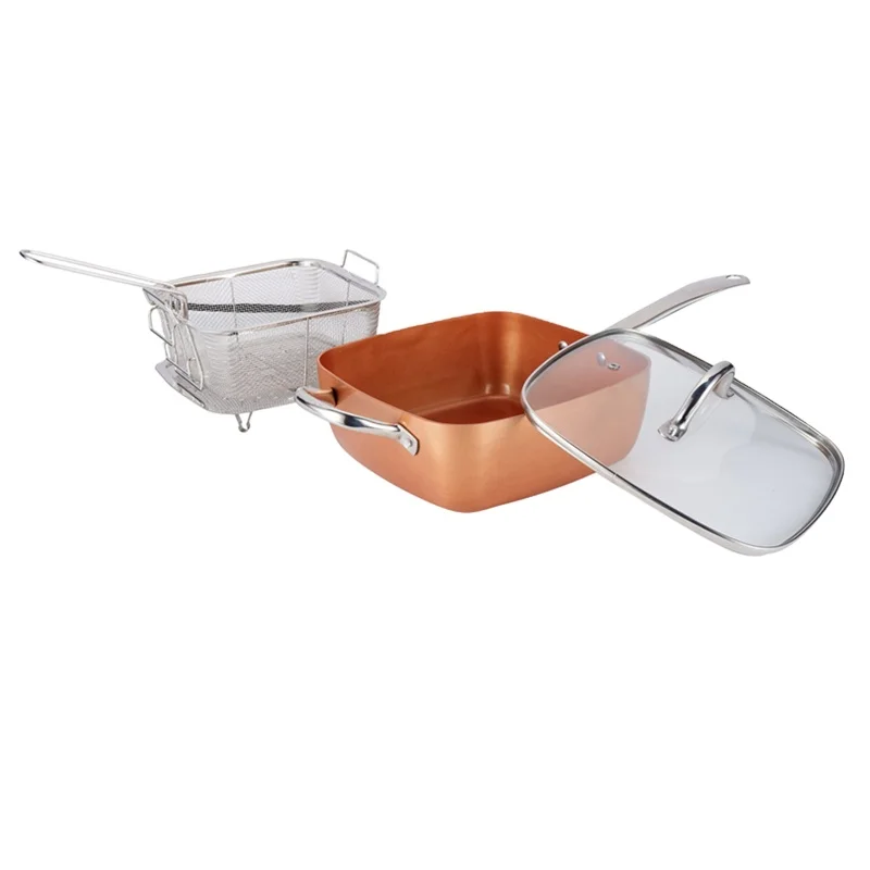 Hot Selling 4 in 1 pressed aluminium cookware set copper nonstick square pot square fry pan