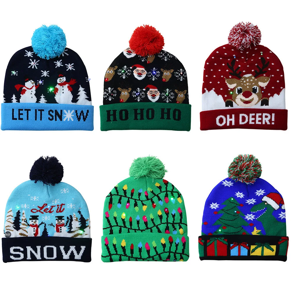 Ourwarm Merry Christmas Adult Child Decoration Kids Small Party Supplies Knitted Christmas Hat with Lights