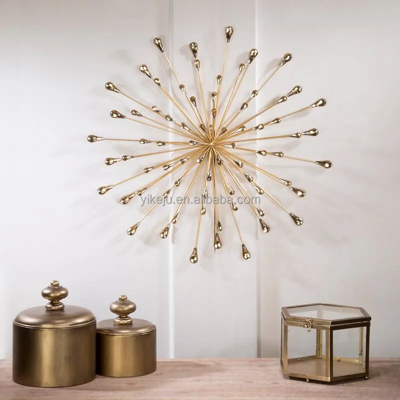 Yiju luxury Wall arts bedroom and living room Display Lobby Gold Wrought Iron hanging Metal Starburst Wall Decor with Acrylic