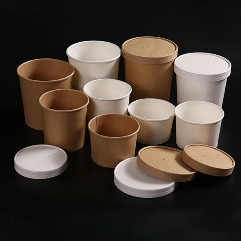 8oz-32oz Compostable Disposable Round white Kraft Paper Lunch Soup Bowl Takeaway Food Salad Packaging Round Cup with Lid