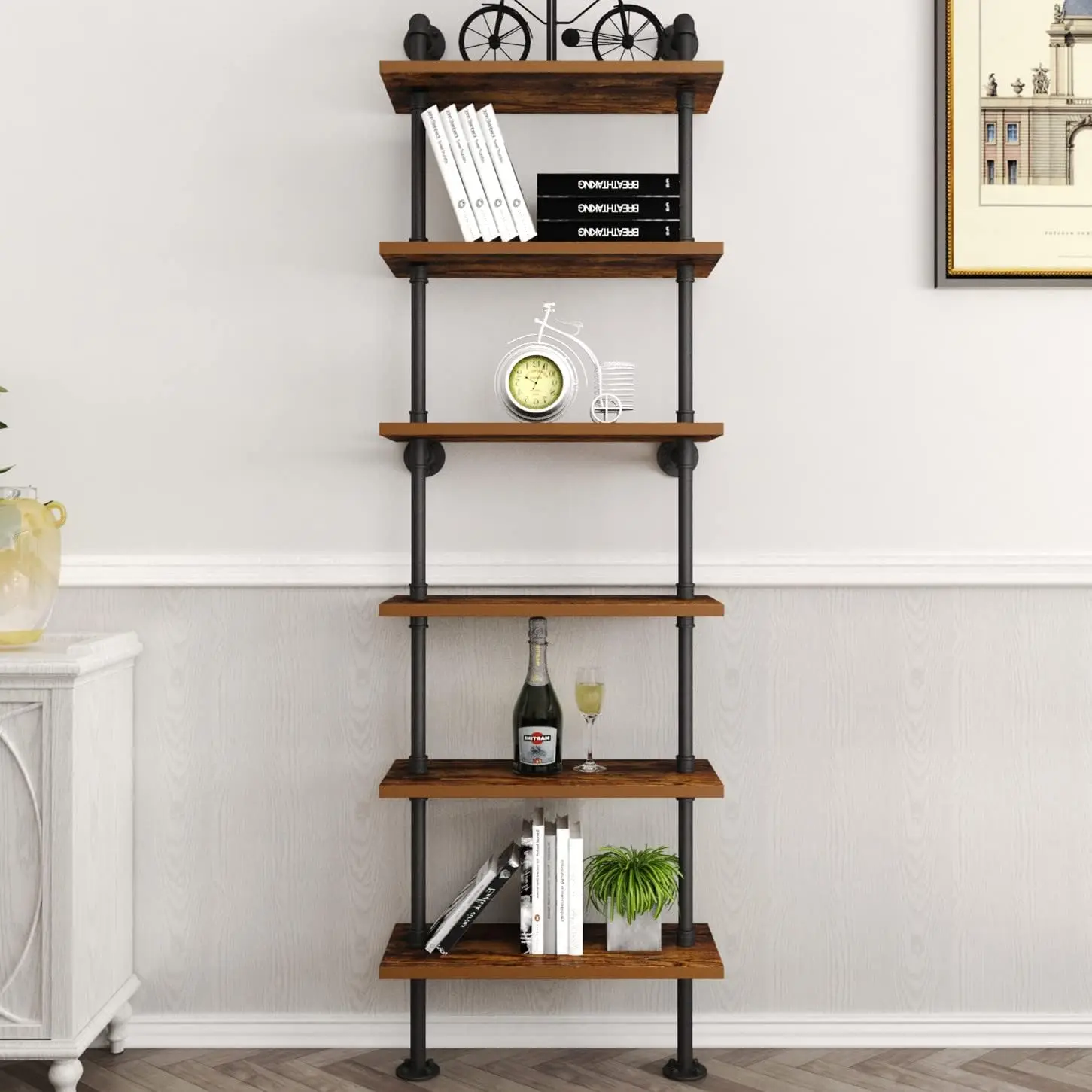 Industrial Pipe Shelf Rustic Wood Wall Shelf Ladder Bookshelf Wall Mounted Storage Decor Shelf for Home