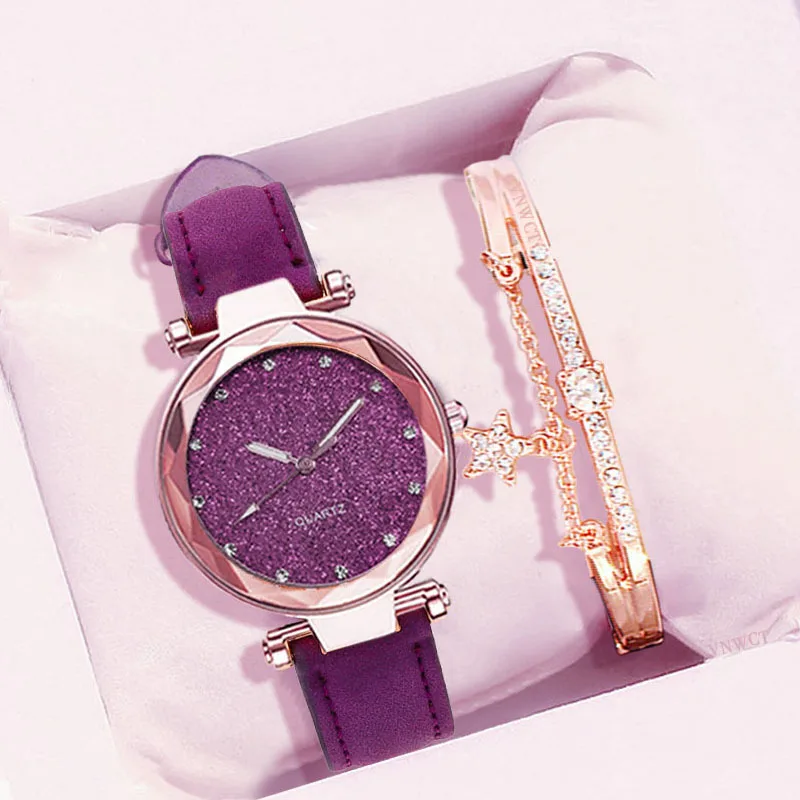 Women Romantic Starry Sky Watch Bracelet Pu Leather Rhinestone Designer Ladies Clock Bracelet Watches Set