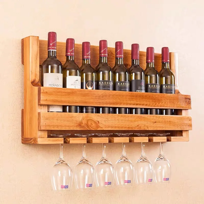 Factory Sale Pine Wood Color Wall-Mounted Wine Shelf Bamboo Bottle Wooden Glass Holder
