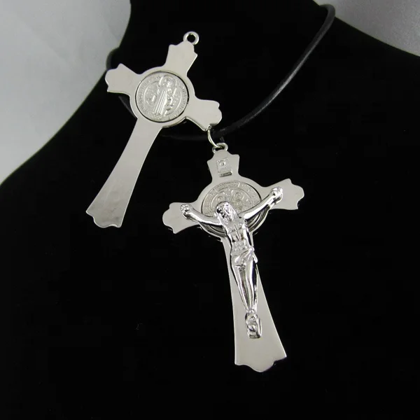 High Quality Religious Saint Benedict Crucifix Cross with Leather Cord Necklace