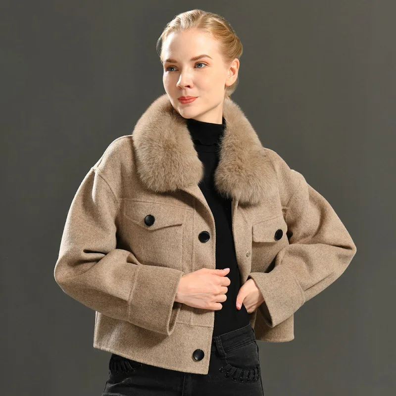 Candy colors women woolen jackets hot sale detachable fox fur collar jackets Spring fashion lady jackets with matching color fur