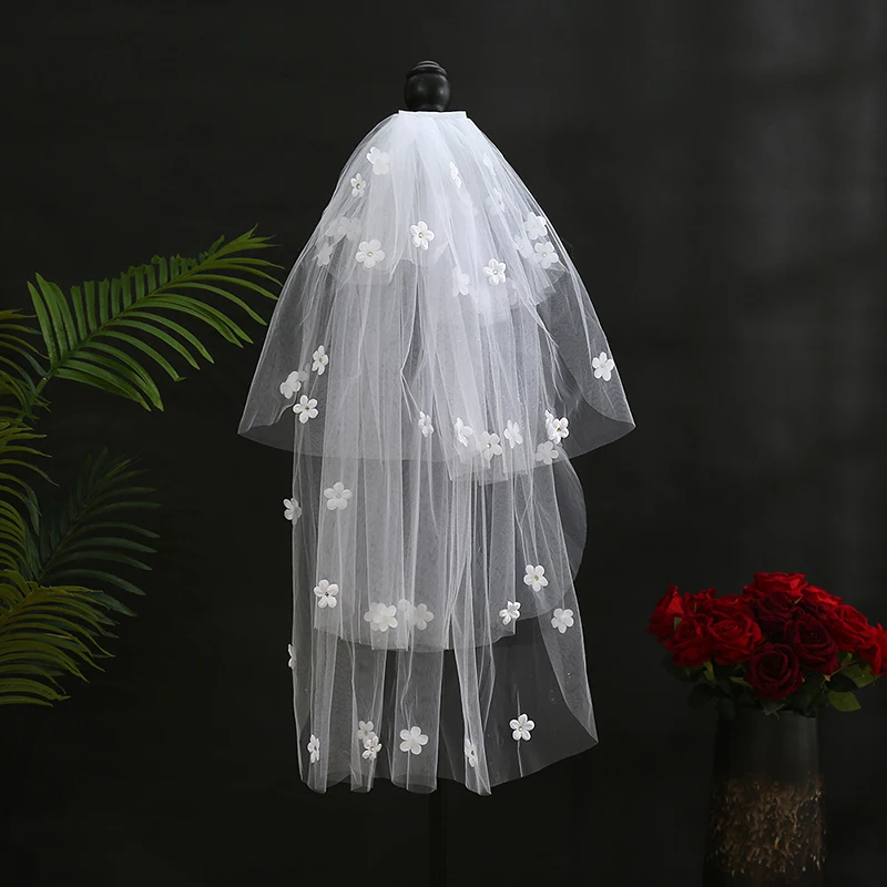 Bridal Veil 3d Flower Pearl Line Cathedral Wedding Veil Ivory Ribbon Comb Long High Quality Veil