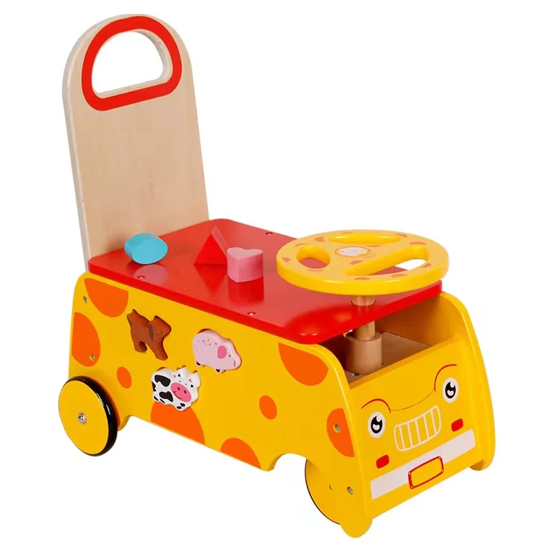 Wooden Multifunctional Baby Toddler Giraffe Stroller Helper Child Baby Toy Building Block Matching Car Toy Baby Walker
