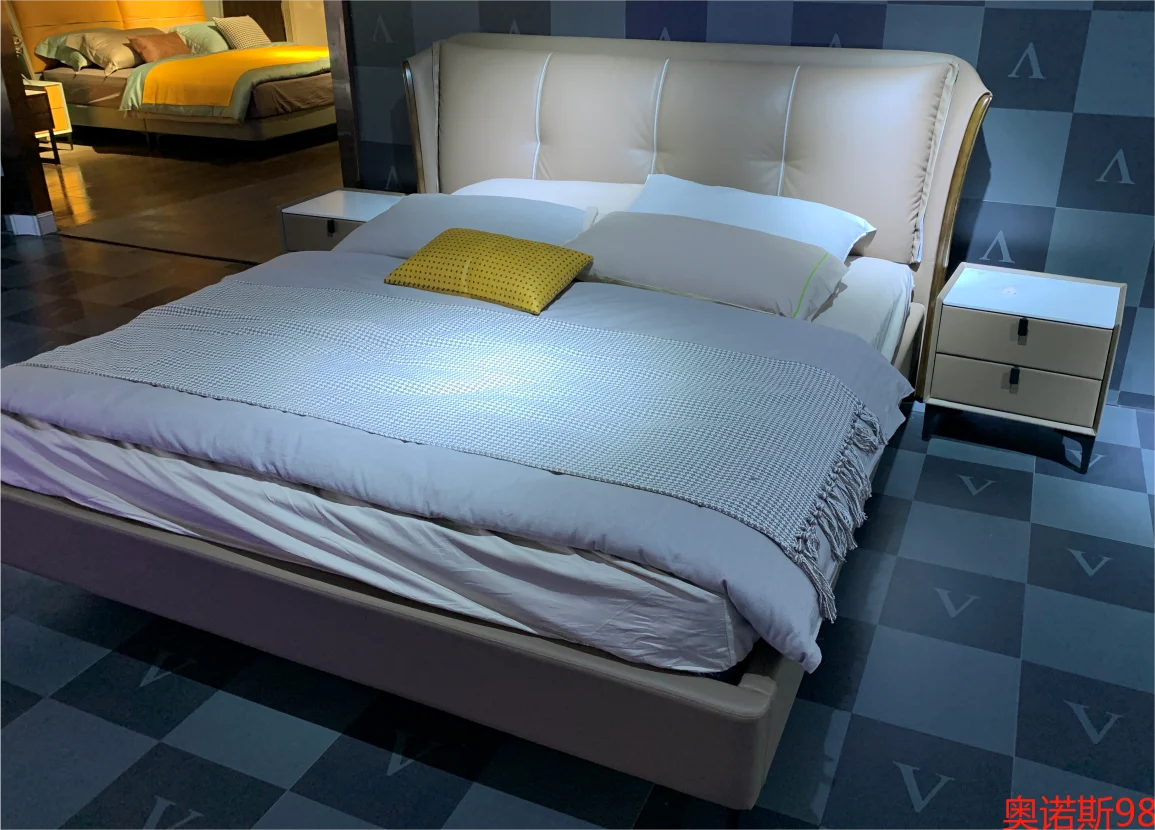 Queen Size Brown Leather Bed with Soft Frame Luxury Premium Master Bedroom Set Simple & Elegant Design