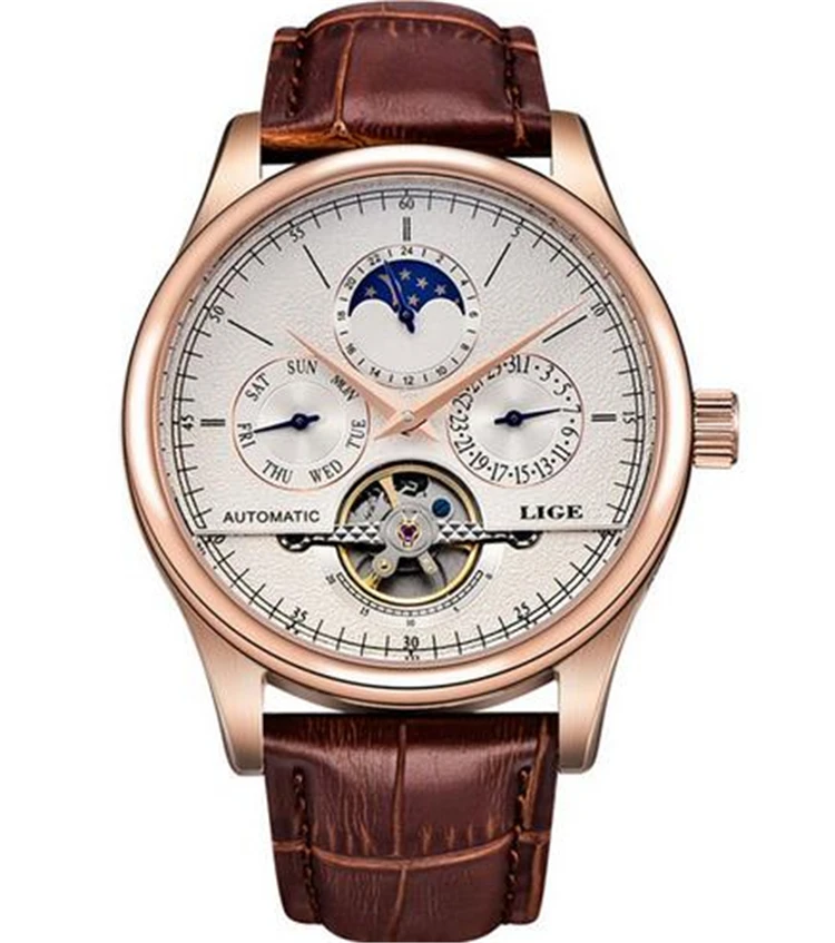 LIGE 6826 Casual Watches Fashion Leather Watches For Men Mechanical Skeleton Automatic Wristwatch