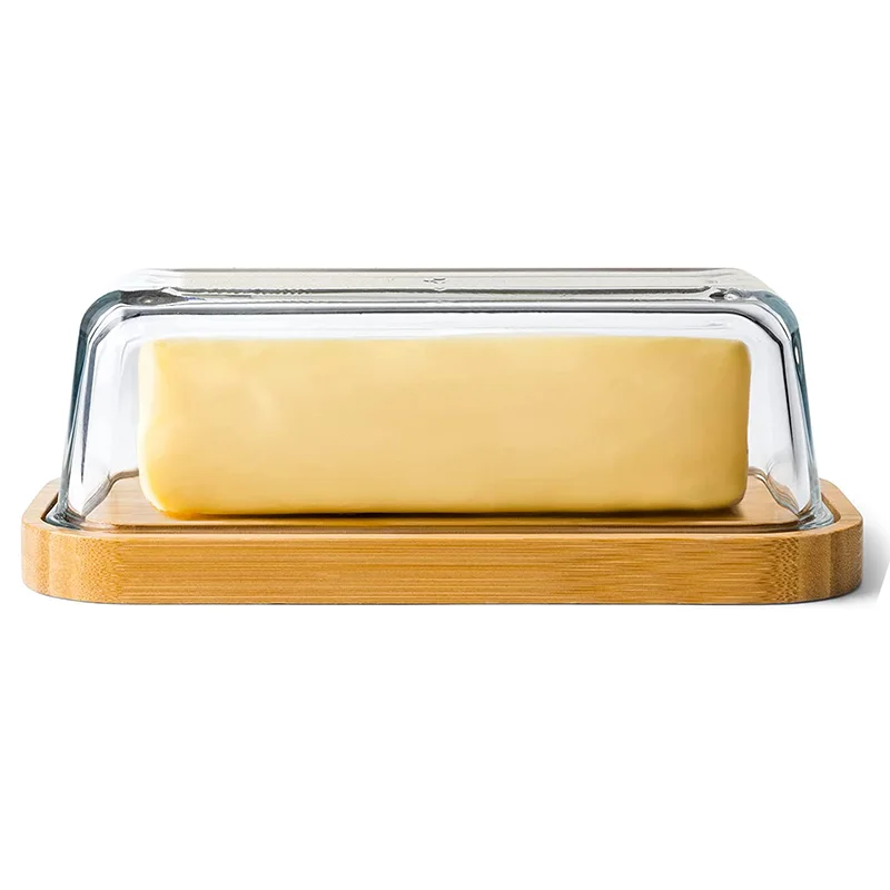 Glass Covered Butter Holder Tray Dish with Lid for Countertop and Refrigerator Door Shelf