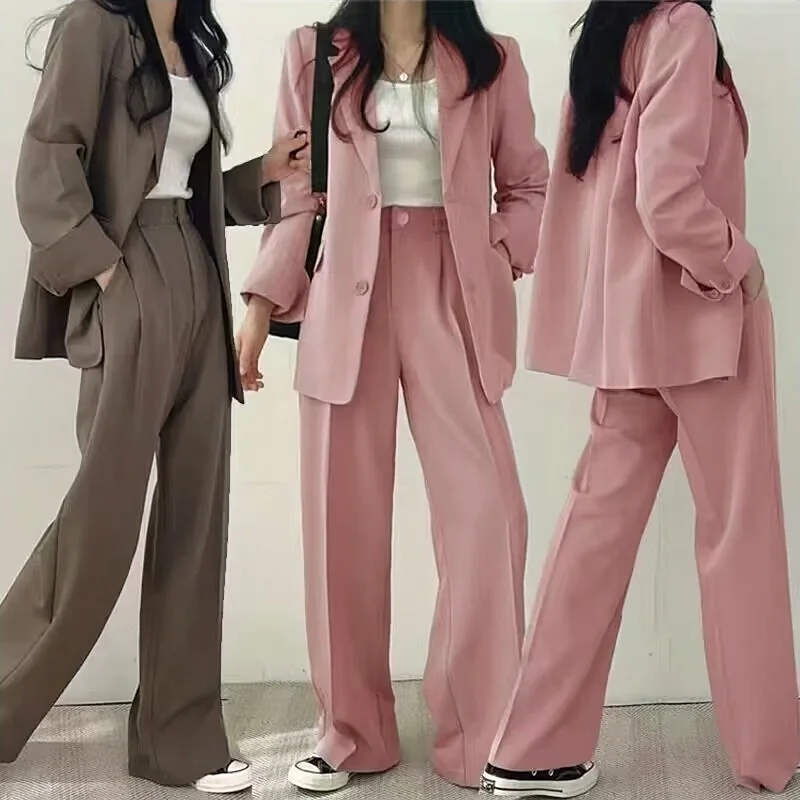 High Quality Women Set Solid Pocketed Lined Coat + Waist Suit Pants Office Lady Formal Two Piece