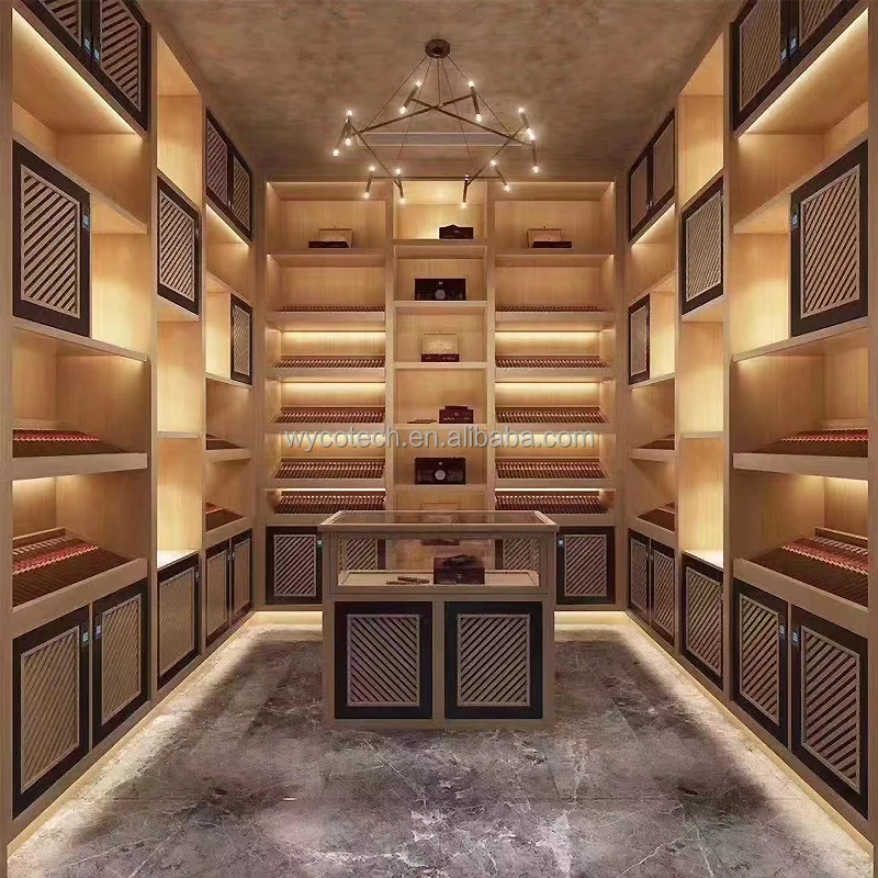 Spain Cedar Oak Custom Solid Wood Lighting Tobacco Display Cabinet Smoke Cigar Shop Furniture Luxury Cigar Shop Display Cabinets