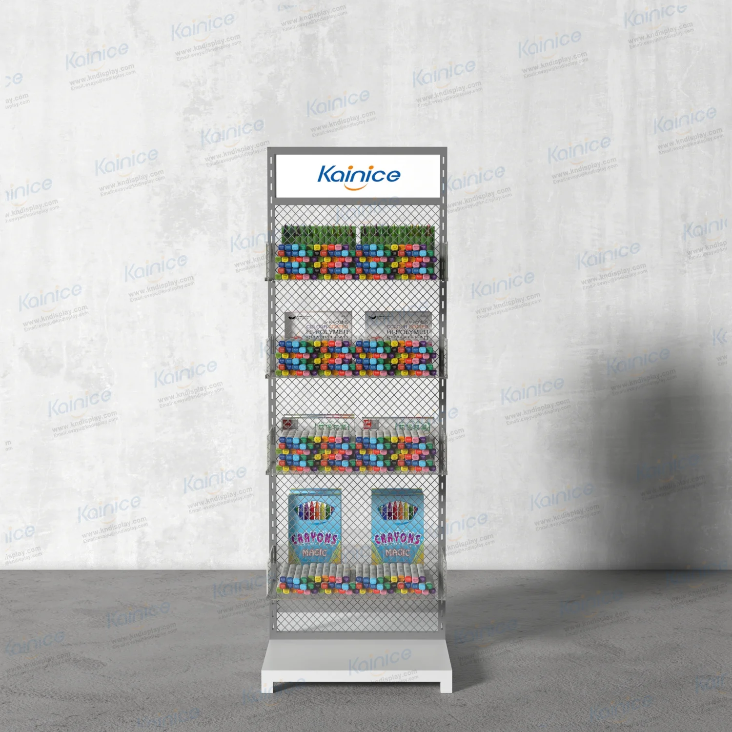 Kainice Floor Wire Mesh Display Net Rack Hook Hanging Grid Floor Stand Retail Shop Metallic Display Racks Product Display Stand