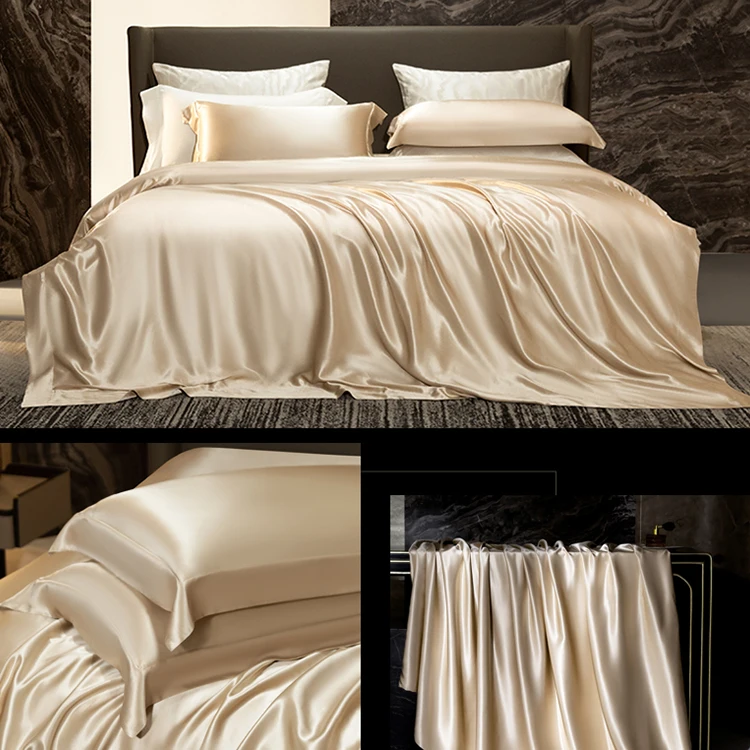 Wholesale satin fitted bed sheet flat bedsheet with satin pillowcase 4 piece 100% polyester satin silk bedding sets