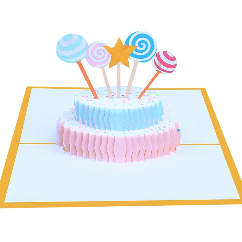 Happy Birthday Cake With Stars and  Lollipop 3d Pop Up Greeting Card  with Envelope for Kids Girls Boys Women Men