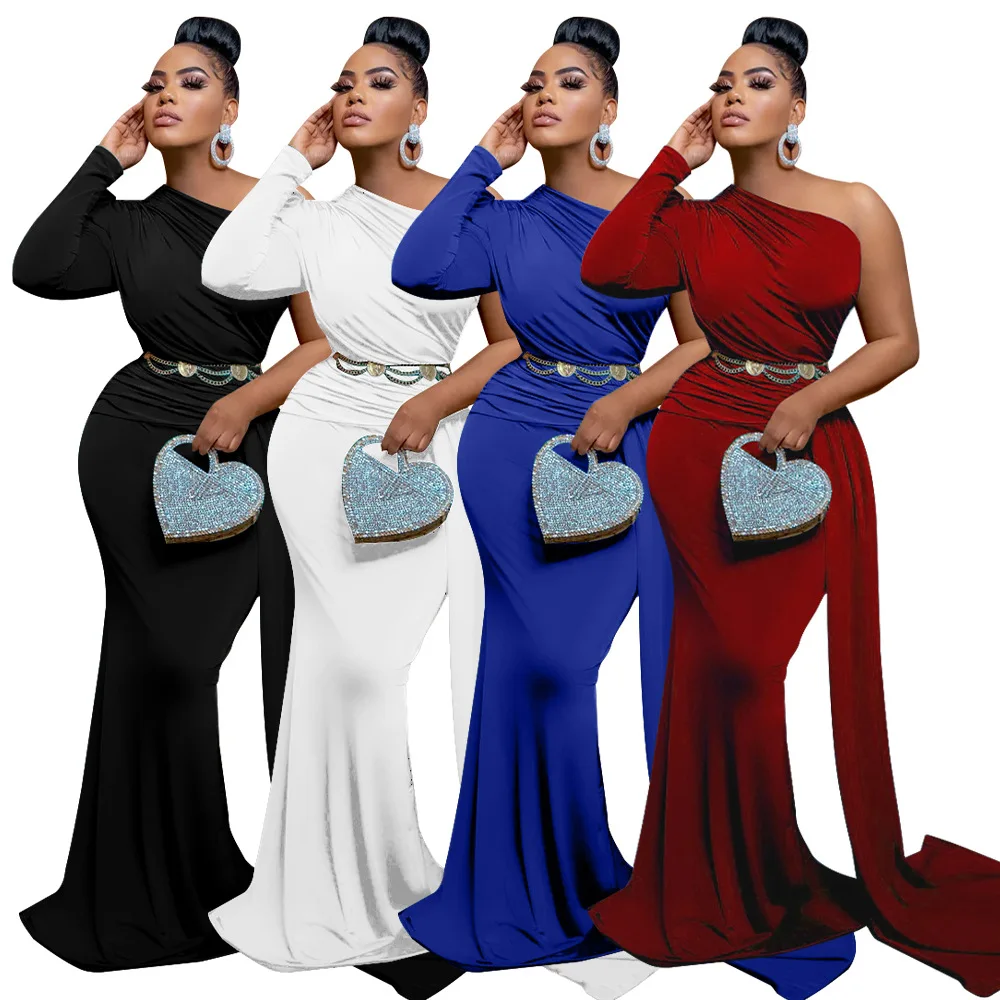 QuiteS Gown Long Dress Skew Collar Applique Evening Dresses Women Lady Elegant Ball Gown Black Party Dress