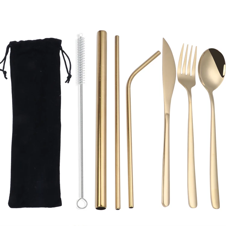 
Reusable Stainless Steel Office Utensil Portable Metal Knife Fork Spoon Drinking Straw Travel Cutlery Set With Bag 