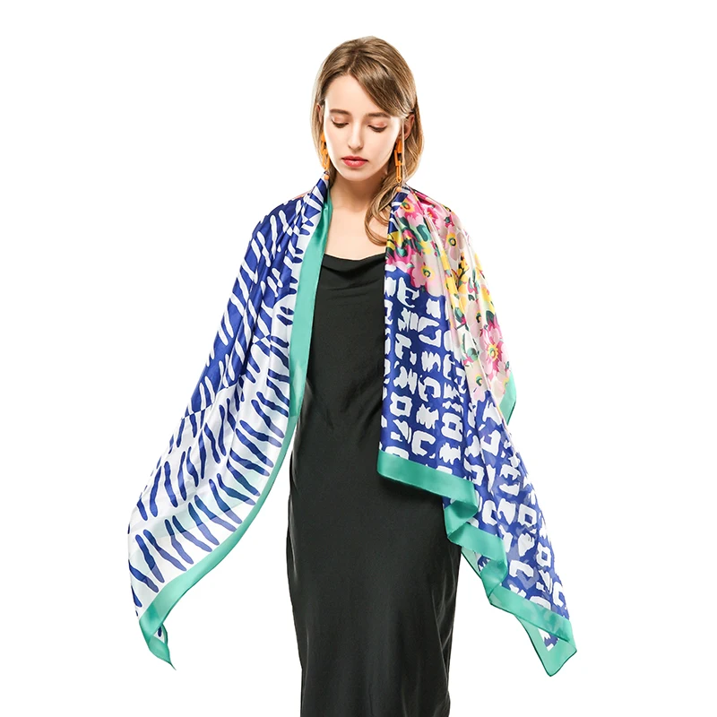 180X90cm triangle stitching twill flower print design soft scarfs for women stylish floral shawl silk scarves