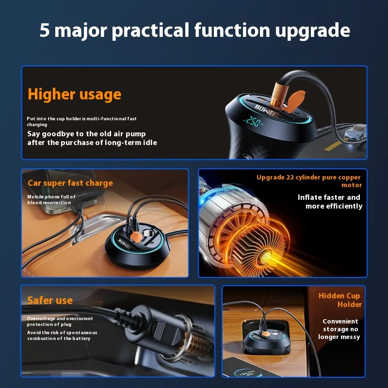 Buwei All-In-One Portable Steel Car Air Pump Wireless High Pressure Hidden Cup Holder Mobile Phone Fast Charging Also Bicycle