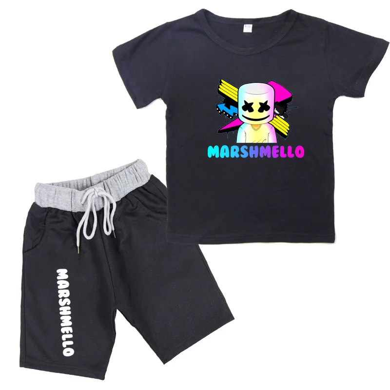 
Летняя детская хлопковая Футболка с спортивными шортами, Детские с завязками, Мультяшные принты, единорог, Месси, зомби, манга, таможня 