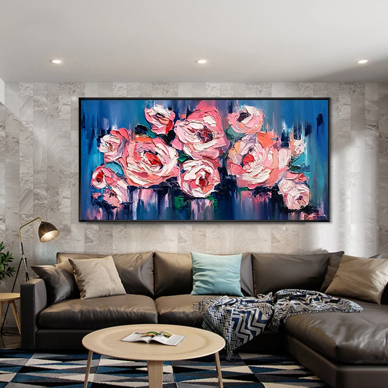 Handmade Palette Knife Rose Designs Textured Abstract Canvas Flower Oil Painting