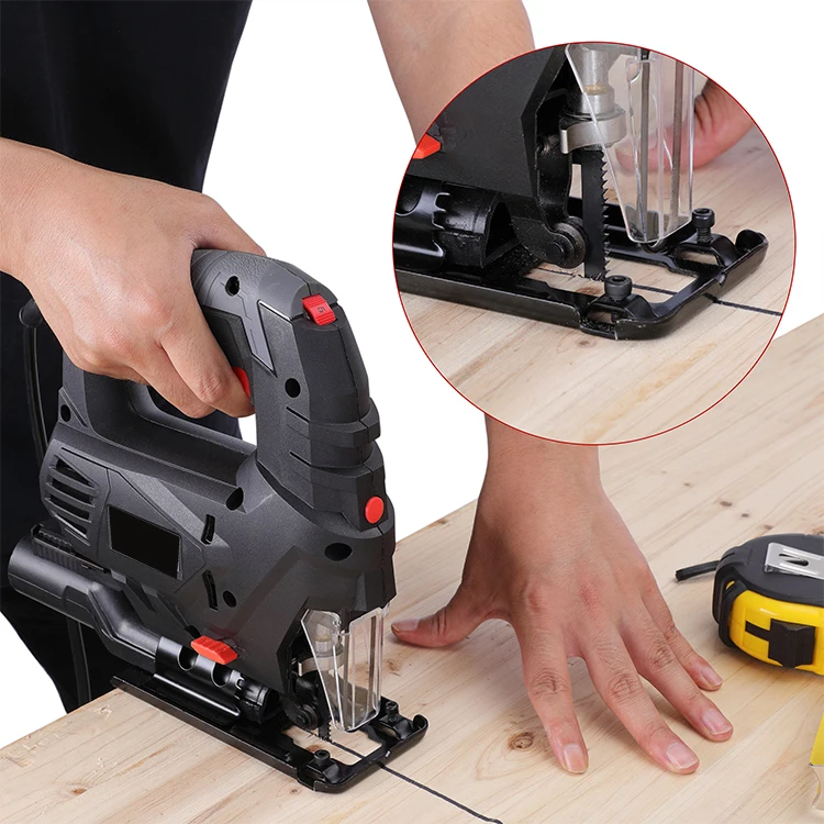800W Electric Jig saw band,   Laser Guide 6 saw blades, 1 Allen wrench; 1 guiding ruler and dust discharge pipe